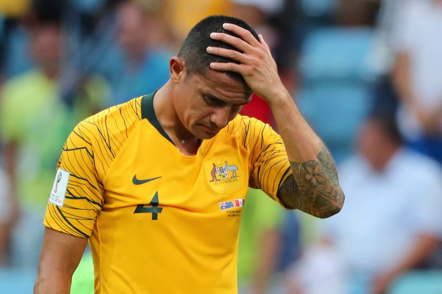 Tim Cahill dejected after Socceroos lose to Peru