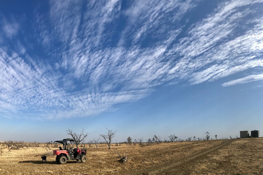 A stationary four-wheeler bike set against a backdrop of parched earth and incredible cloud formation