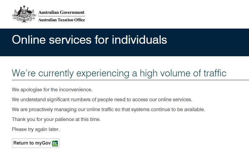 The web page says the ATO is experiencing "a high volume of traffic" and includes an apology.