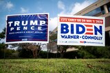 Yard signs supporting U.S. President Donald Trump and Democratic U.S. presidential nominee and former Vice President Joe Biden