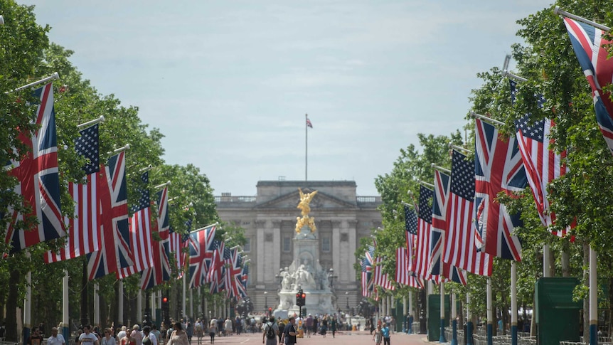 US and UK flags hung in the tree-lined road leading up to Buckingham Palace.