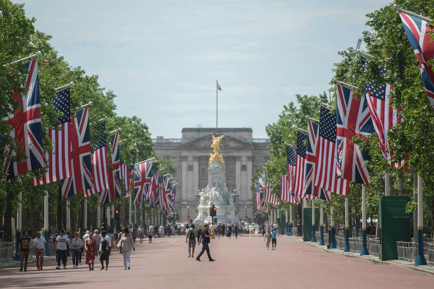 US and UK flags hung in the tree-lined road leading up to Buckingham Palace.