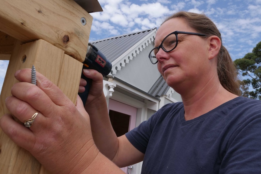A woman wearing glasses and holding a screw, drilling into some pine timber, with a decorative cubby house in the background.