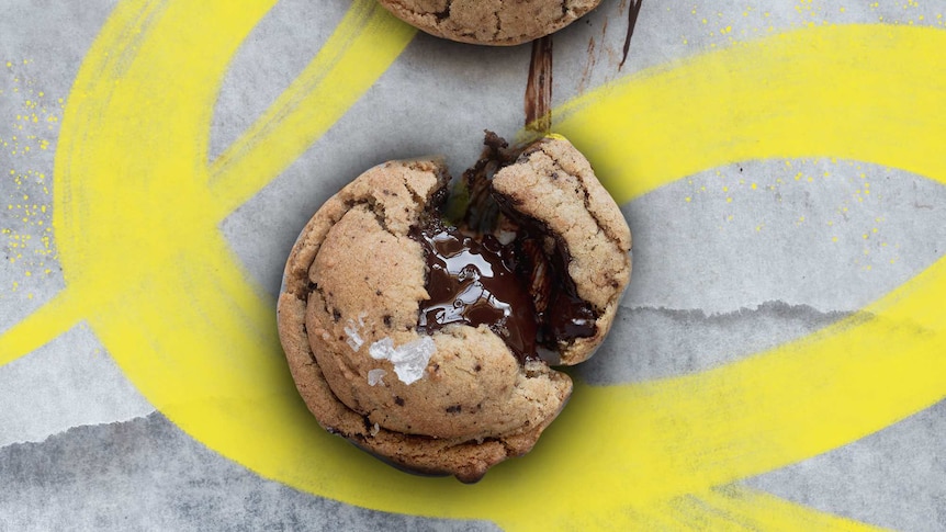 Chocolate chip cookie with melted chocolate pockets and sea salt, as part of 19 recipes to bake during the coronavirus pandemic.