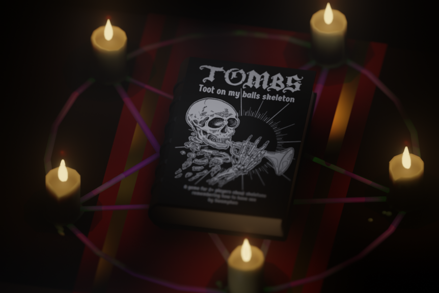 A boardgame box with a skeleton playing a trumpet and the title TOMBS