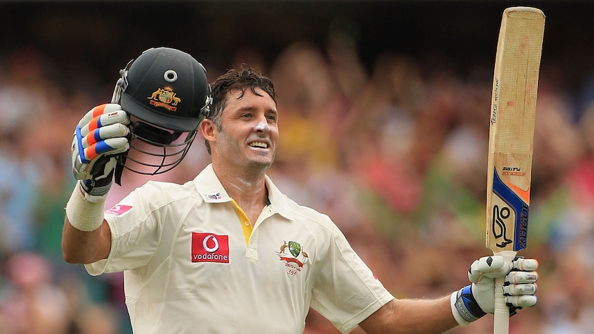 Australia's Michael Hussey celebrates a Test century against India at the SCG in January 2012.