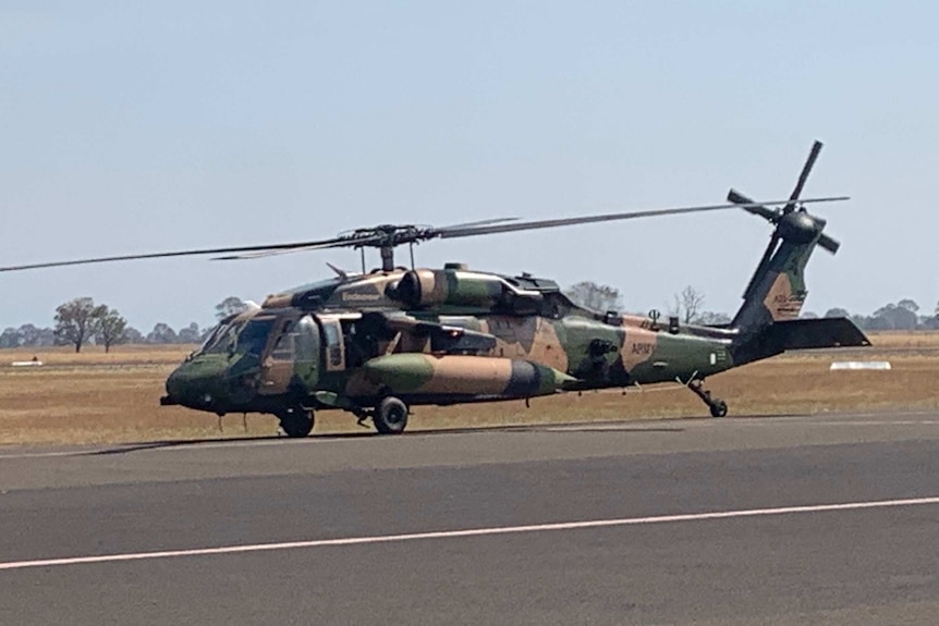 A Black Hawk helicopter on the landing strip at Bairnsdale Airport.