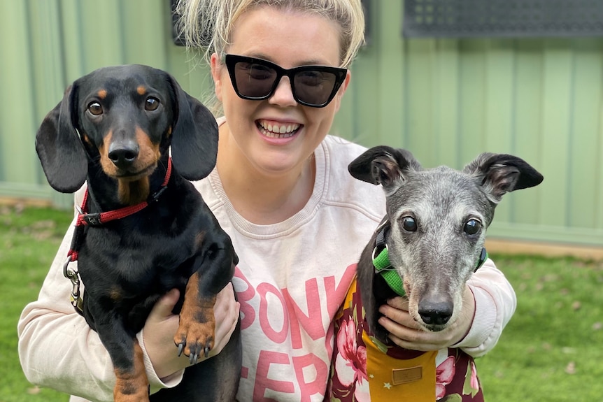 A girl holding a daschund and a greyhound. 