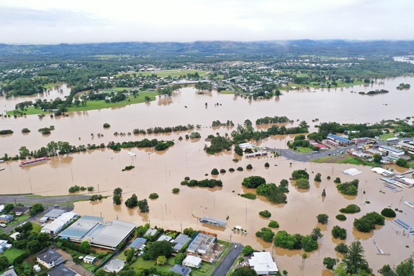 A flooded town as seen from above.