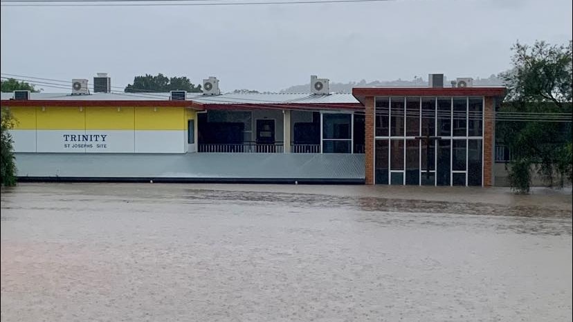 A severely flooded school campus.