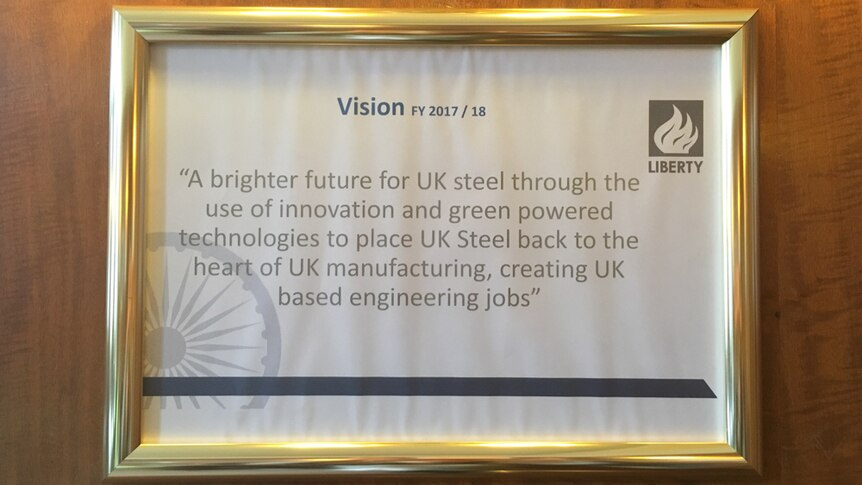 Liberty Steel's renewable energy vision, framed and mounted on a wall.