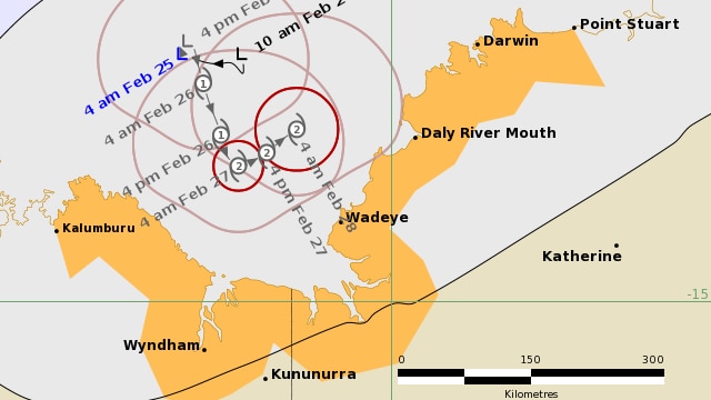 A map showing the possible path of the storm and possible increase to catrgory one and two strength on Friday night and Saturday