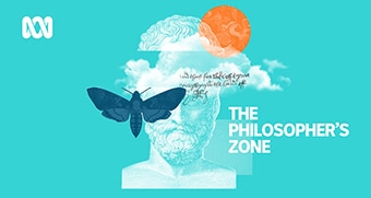 A blue moth, orange circle, clouds, and a statue of the head of an ancient man, with the text The Philosopher's Zone.