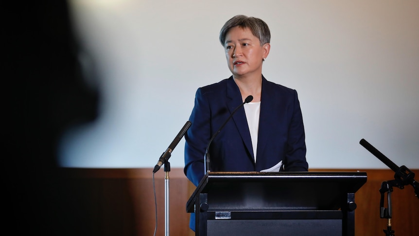 A woman with short brown and grey hair wearing a suit jacket with a white top standing at a lecturn in front of two mircophones