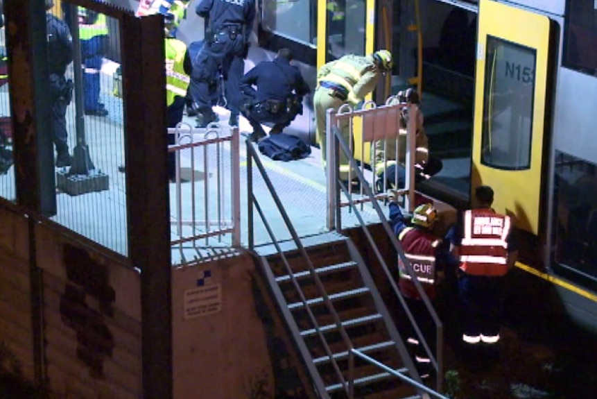 Fire and Rescue officers and police work to rescue a man from under a train