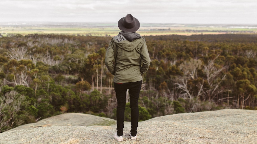 Person wearing a hat stands on the edge of a cliff overlooking a forest.