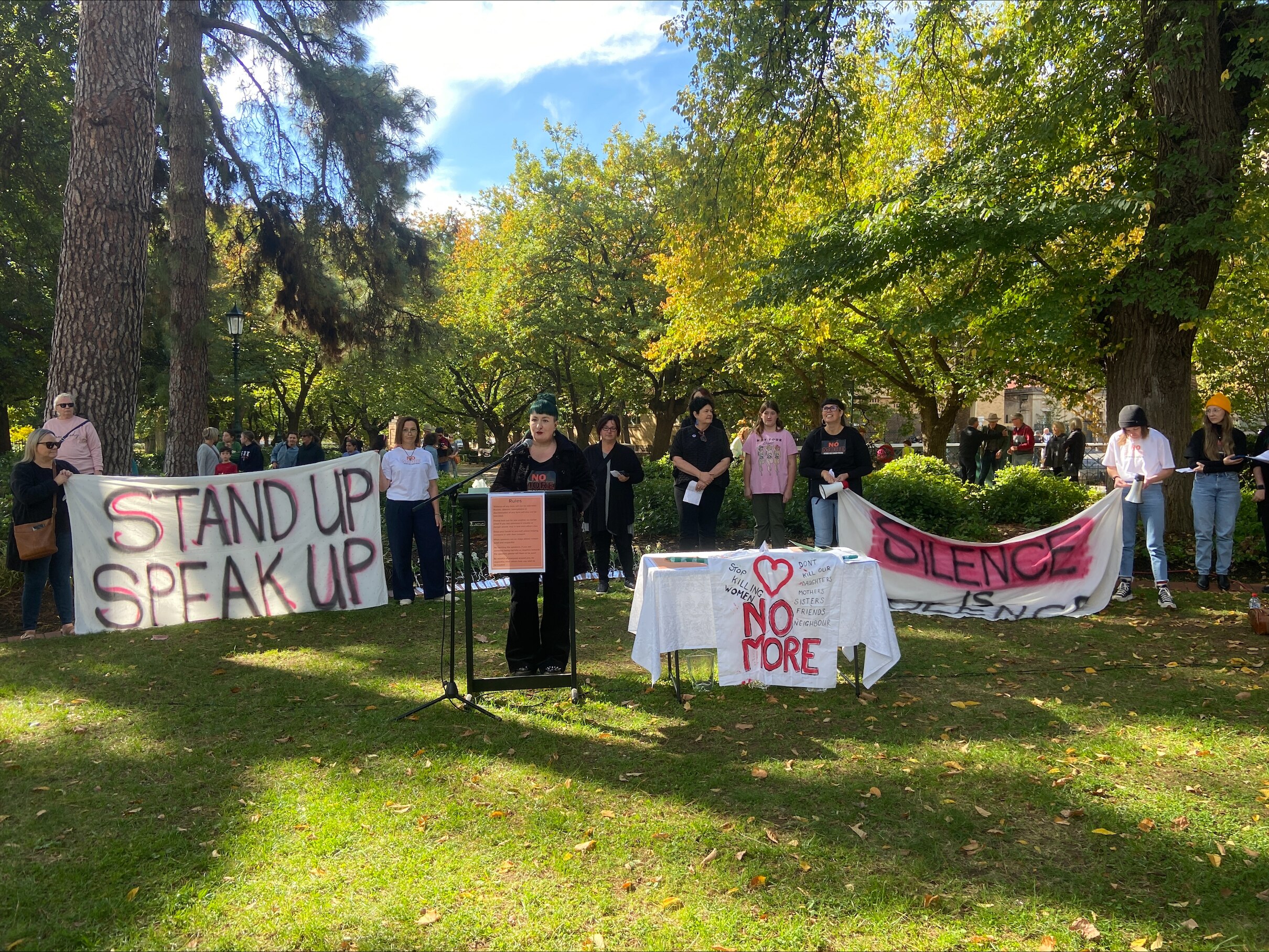 A rally with women holding signs advocating against violence