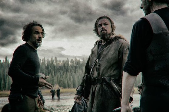 Alejandro Gonzalez Inarritu and Leonardo DiCaprio on the set of the Revenant