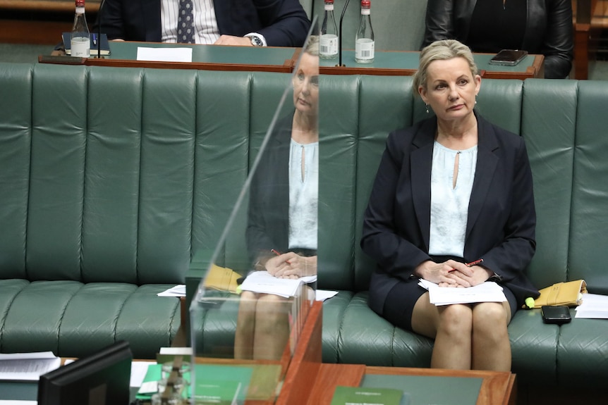 Ley sits on the lower house frontbench, her reflection visible on the glass divider at the dispatch box.