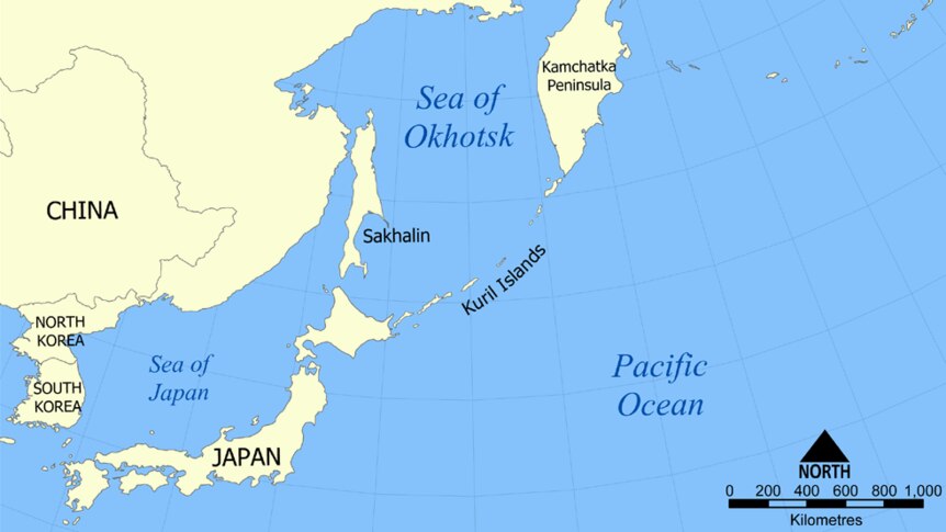 The Kuril Islands are located between Russia and Japan.