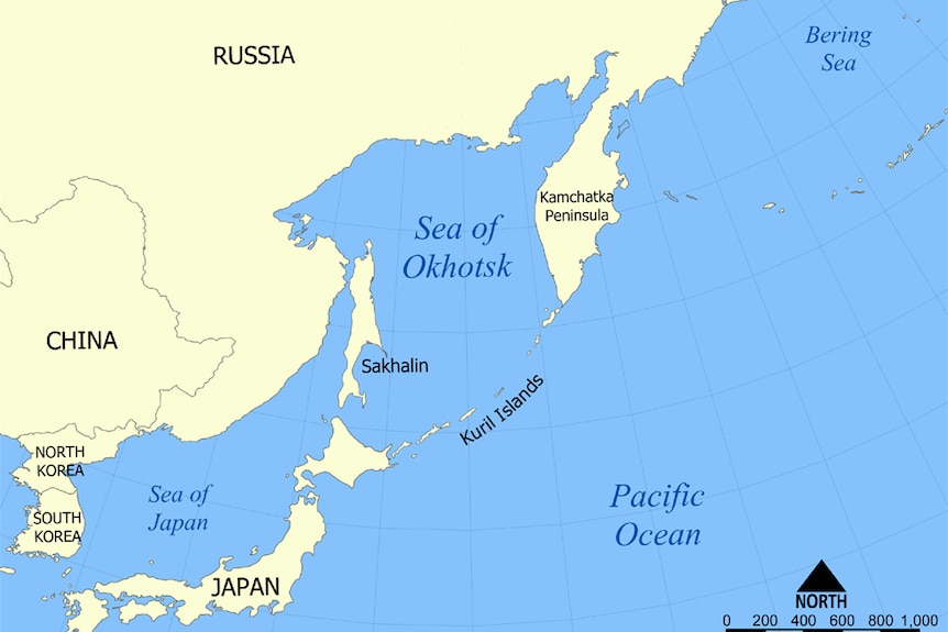 The Kuril Islands are located between Russia and Japan.