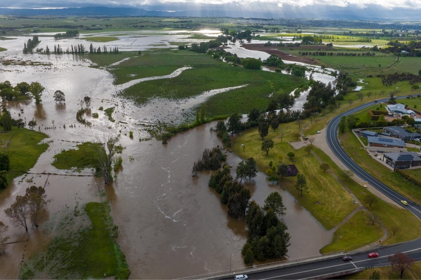 An aerial shot of flooded farmland.