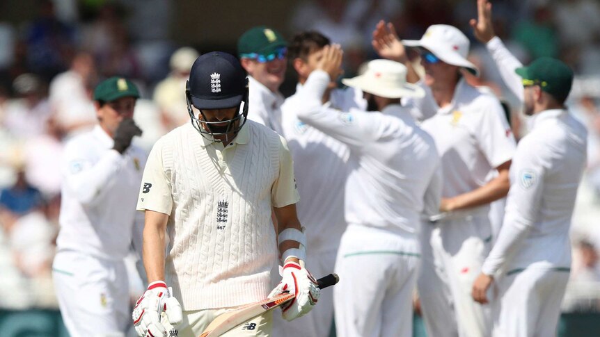 England's Mark Wood walks off after dismissal against South Africa at Trent Bridge