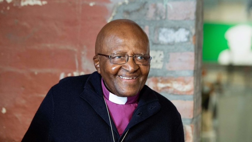 portrait of desmond tutu smiling in purple shirt with clerical collar and dark cardigan against brick background