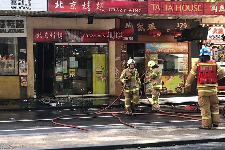 Fire crews outside Crazy Ring, a Chinese restaurant in Melbourne's CBD where a fire took hold.