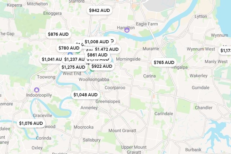 Map showing Airbnb properties in Brisbane mainly located close to the CBD according to search on June 15, 2022