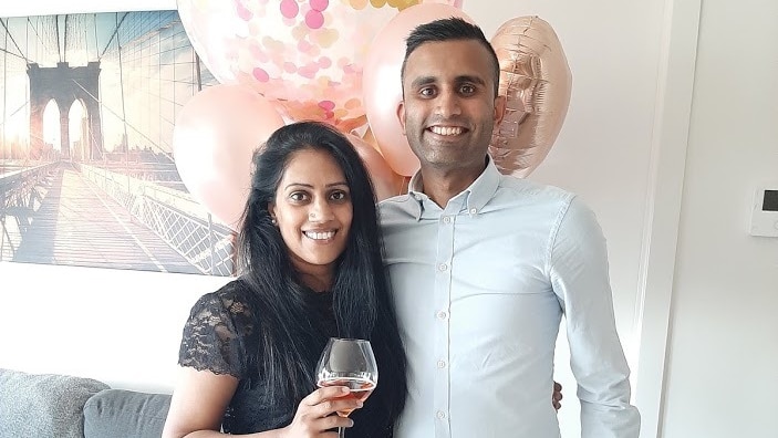 Narayanan and Pallavi smile while posing for a photo in a story about wedding plans in 2021 due to coronavirus.