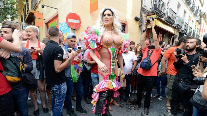 A drag queen poses after a high-heel race during a Gay Pride party in the central neighborhood of Chueca in Madrid, Spain on July 3, 2014.