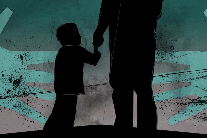 An illustration of a father holding a child's hand.