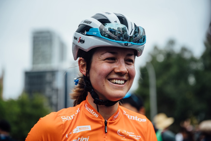 Headshot of cyclist Ruth Winder smiling at the Santos Tour Down Under in Adelaide.