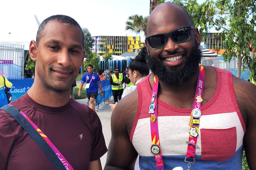 Mauritian athletes Bernard Baptiste (R) and Jerome Caprice