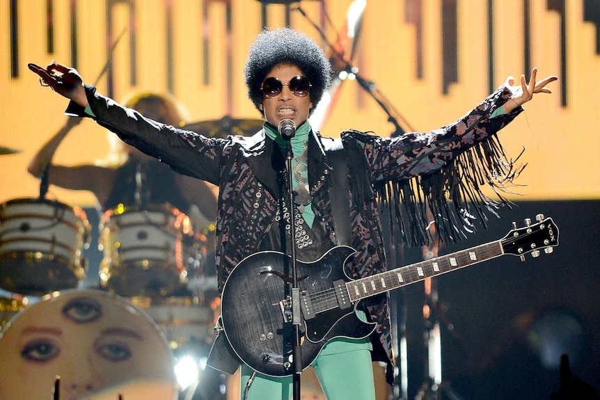 Musician Prince performs onstage in Las Vegas.