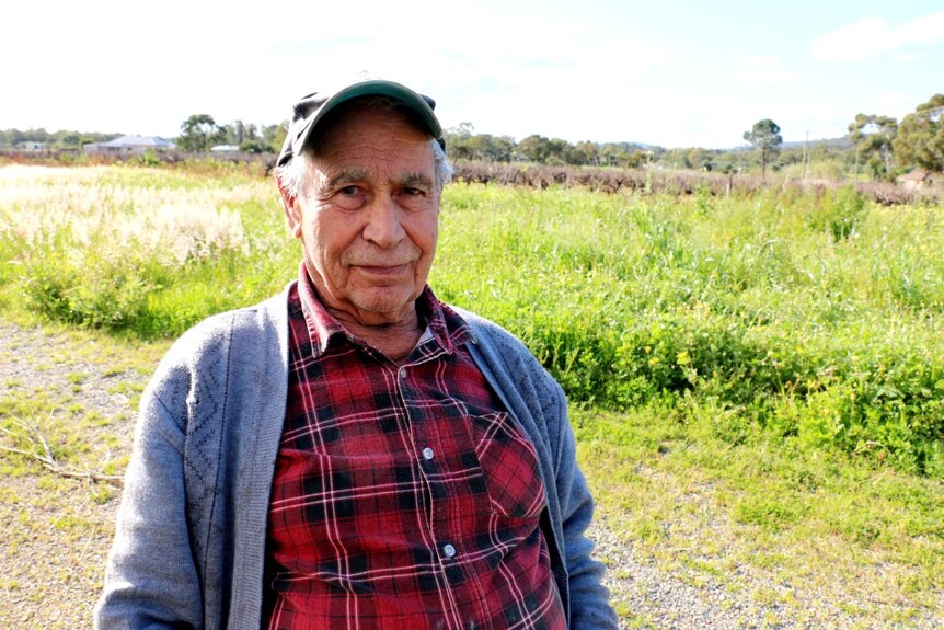 A man with a cap wearing a red check shirt and blue cardigan stands in front of a field of grass.