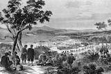 A black and white painting of Chinese people in Australia in the 1800's