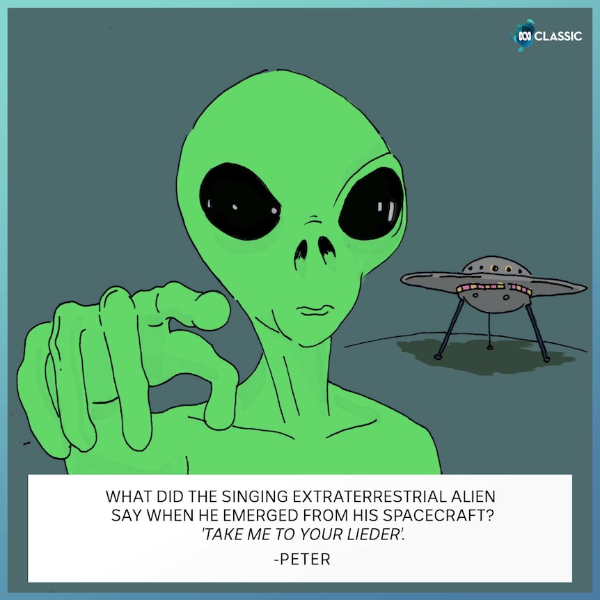 A bright cartoon alien with their flying saucer.
