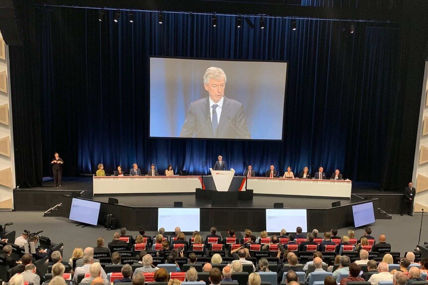 Westpac chairman Lindsay Maxsted on a large TV screen, addressing shareholders at the 2019 annual general meeting.