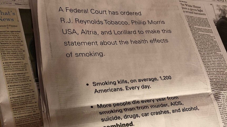 An image of one of the anti-smoking advertisements in a US newspaper.