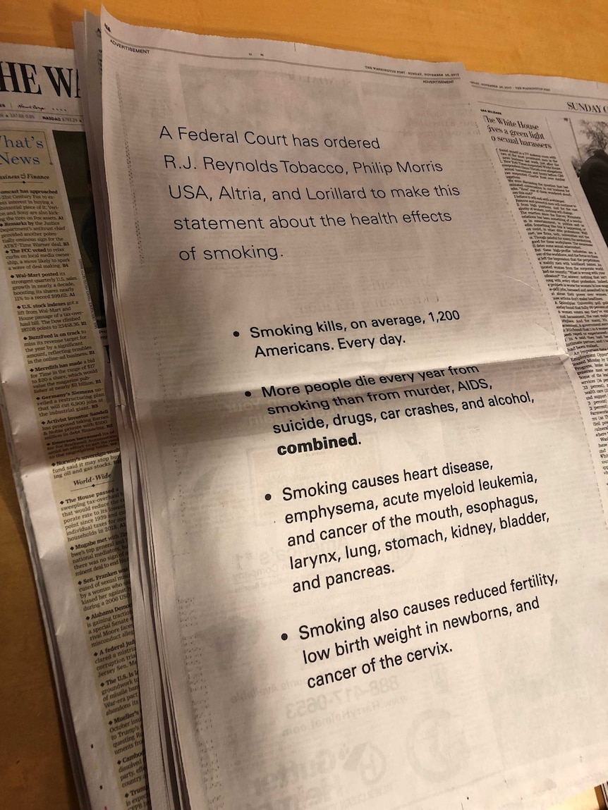 An image of one of the anti-smoking advertisements in a US newspaper.