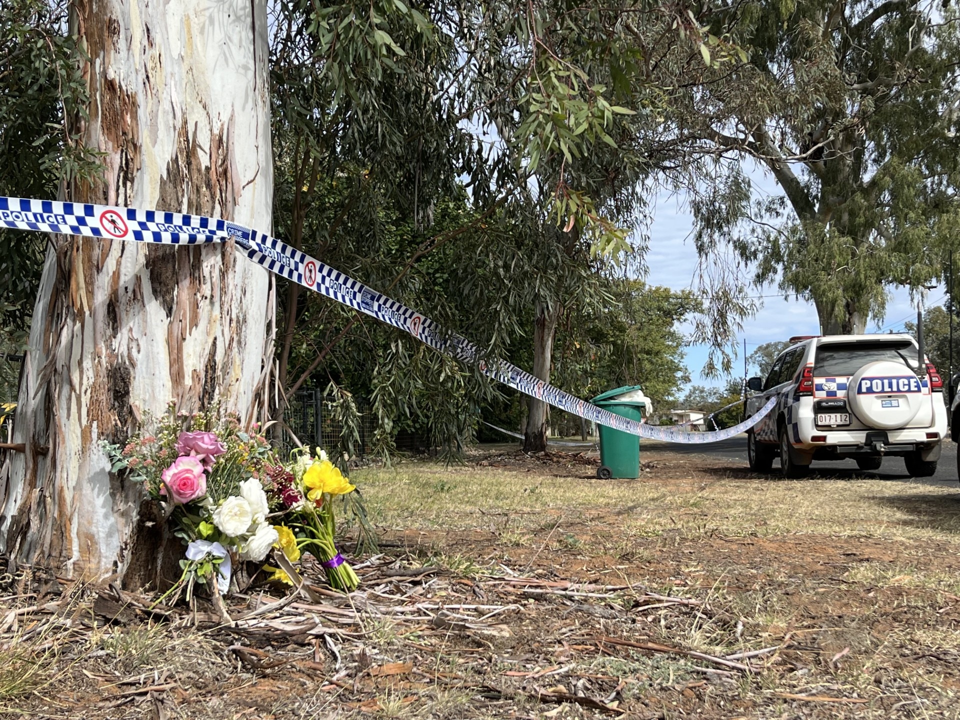 Flowers put at the base of a gum tree