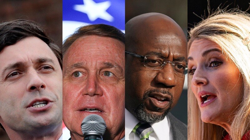 The four candidates at the 2021 Georgia runoff elections — Jon Ossoff, David Perdue, Raphael Warnock and Kelly Loeffler