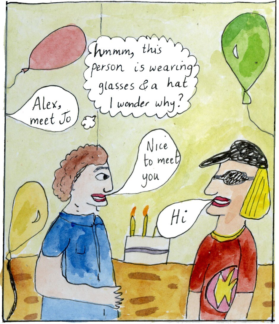 A cartoon of a birthday party where one person is wearing sunglasses and the other is being accepting.