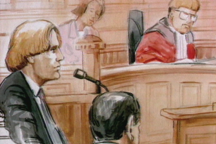 A drawing of a man speaking into a microphone in front of a judge in a court room.