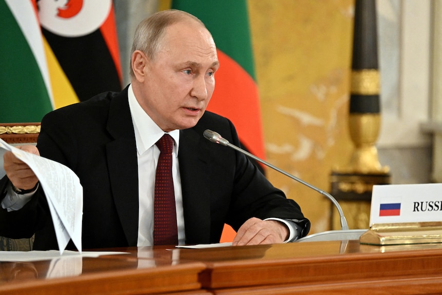 Putin speaks during meeting with African leaders.