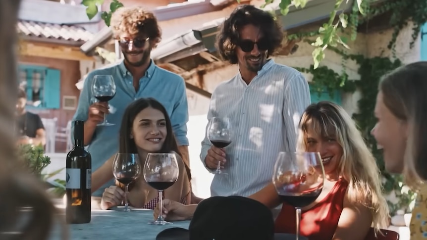 People drinking wine around table and smiling.