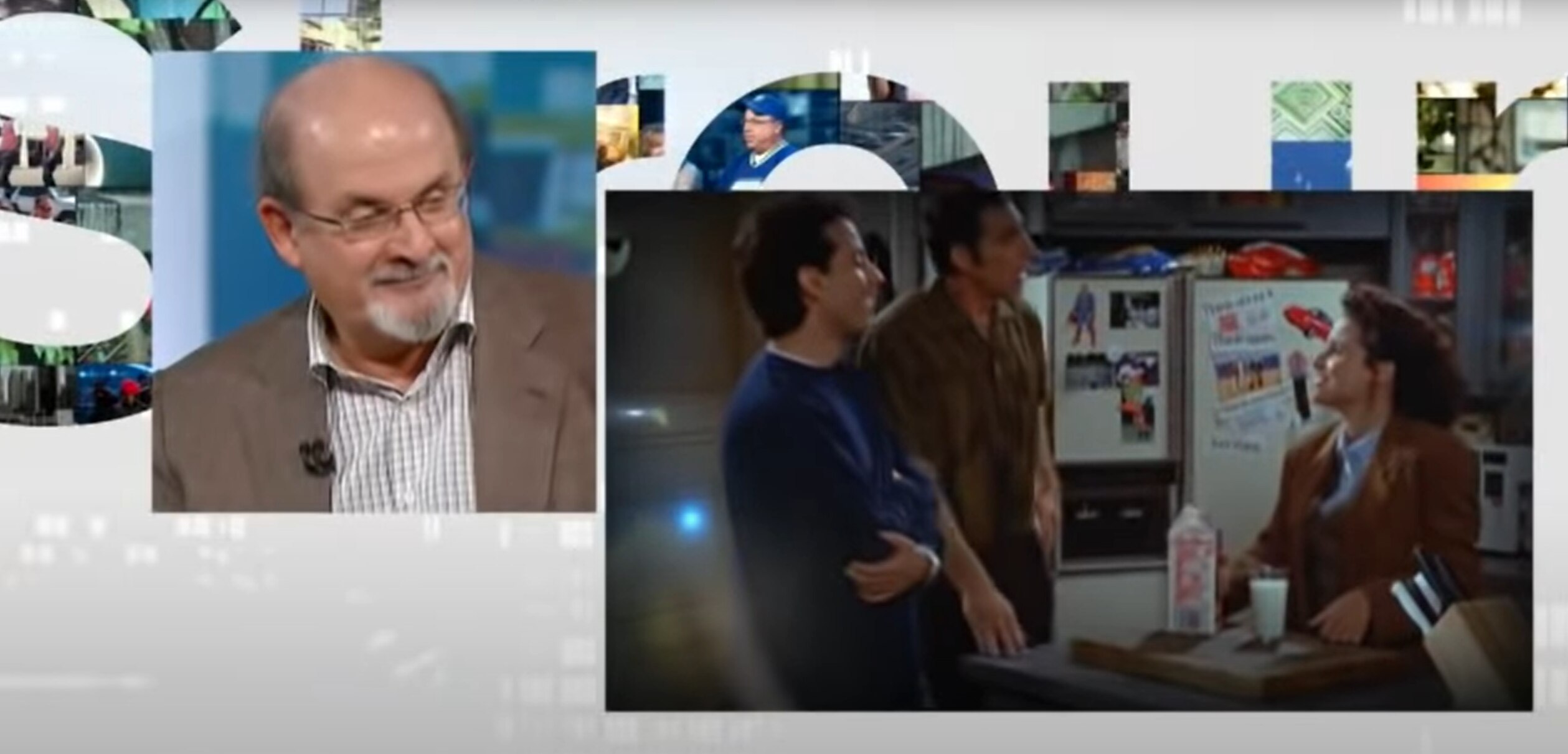 A still of Salman Rushdie's interview on George Stroumboulopoulos Tonight with an inset of a scene from Seinfeld. 