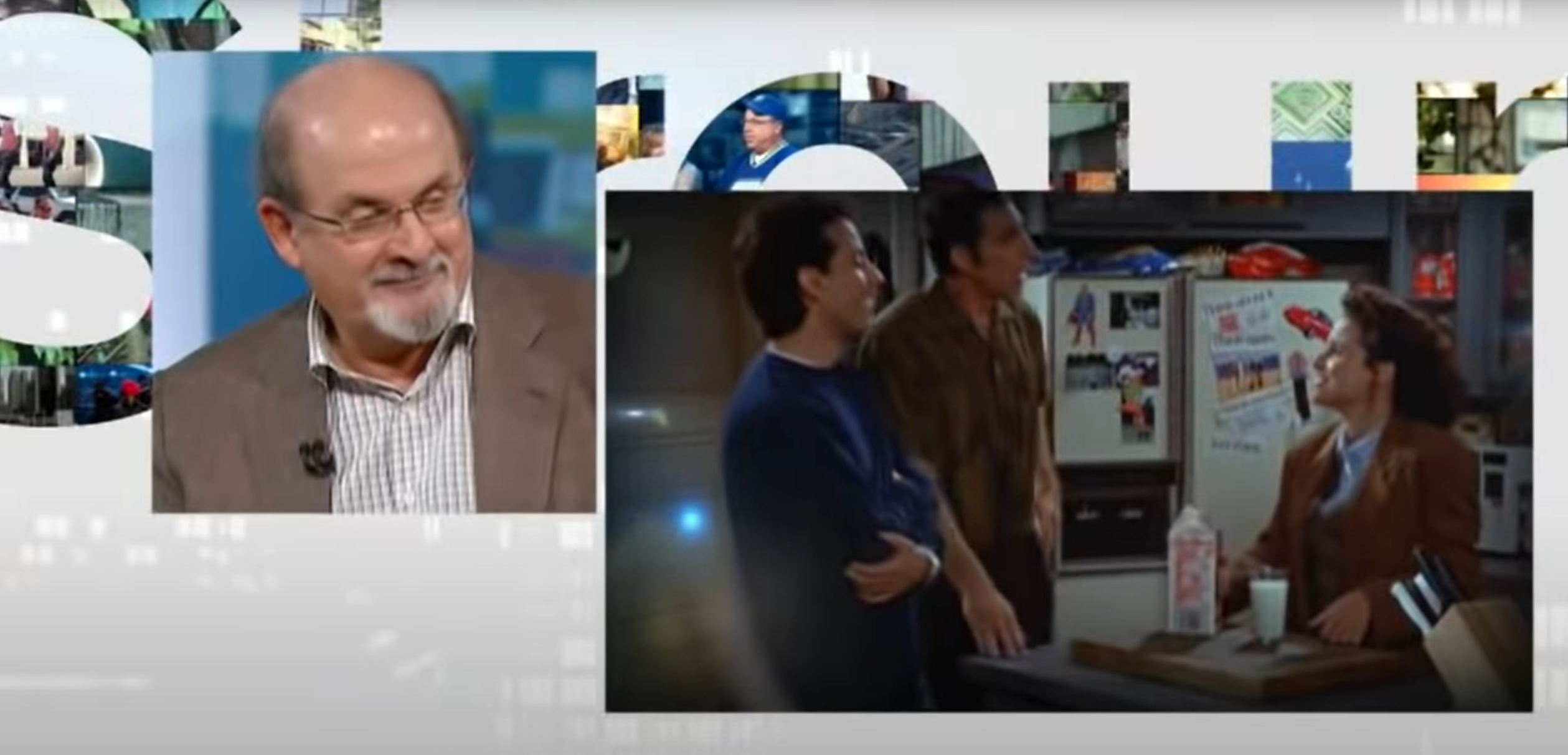 A still of Salman Rushdie's interview on George Stroumboulopoulos Tonight with an inset of a scene from Seinfeld. 